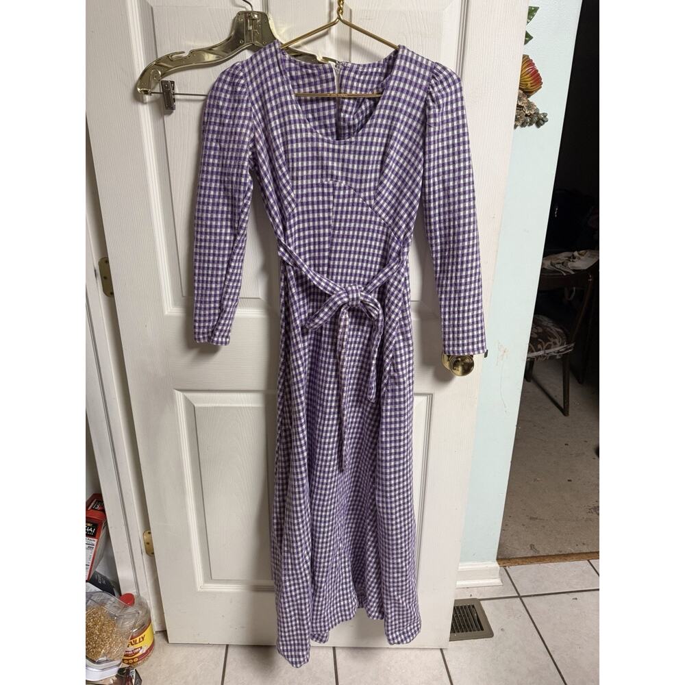 Vnt 70s Handmade Dress Gingham Maxi Cottagecore Flaws Purple Xs 32w Regency